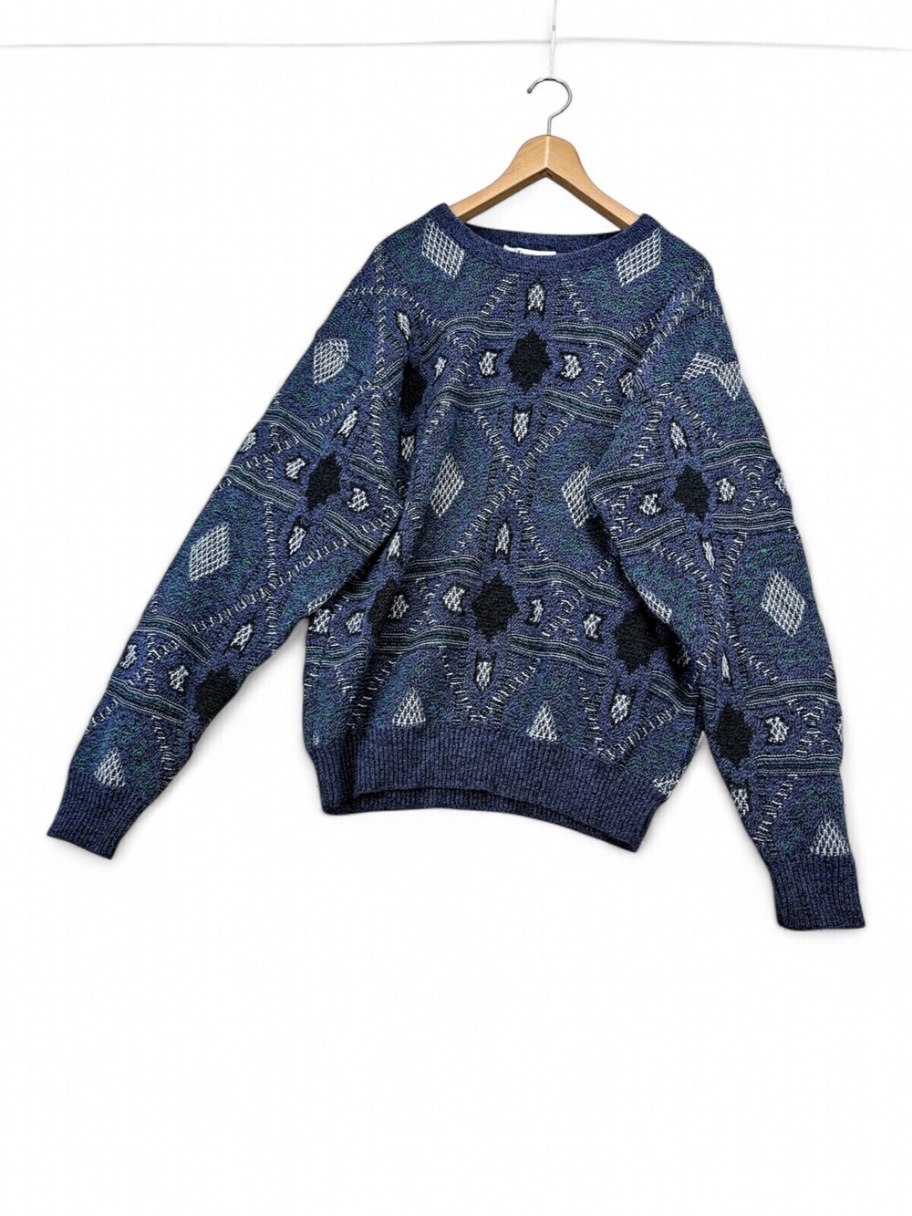Jantzen Crewneck Knit Sweater Medium Blue Geometric Pattern